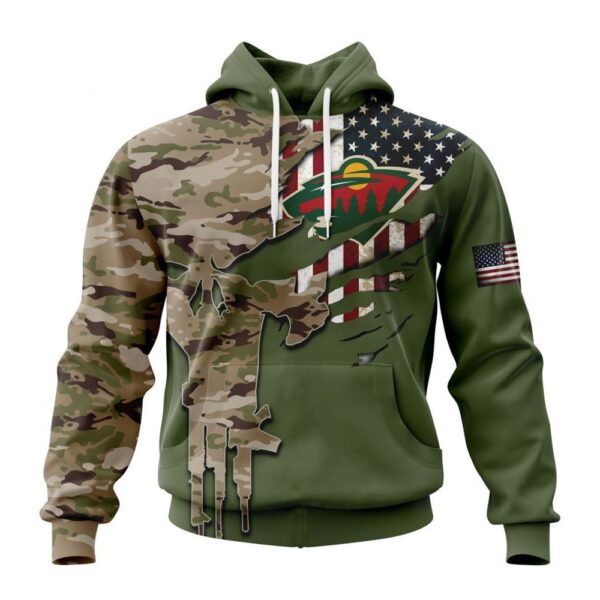 Personalized NHL Minnesota Wild Hoodie Special Camo Skull Design Hoodie