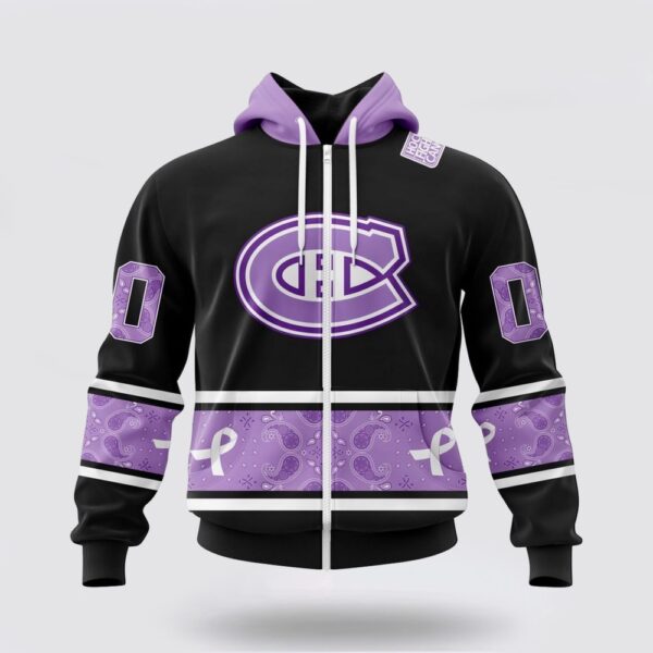 Personalized NHL Montreal Canadiens All Over Print Hoodie Special Black And Lavender Hockey Fight Cancer Design Hoodie