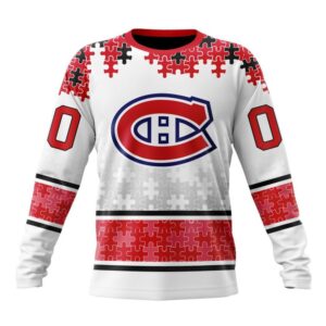 Personalized NHL Montreal Canadiens Crewneck Sweatshirt Special Autism Awareness Design With Home Jersey Style 1