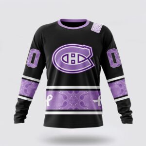 Personalized NHL Montreal Canadiens Crewneck Sweatshirt Special Black And Lavender Hockey Fight Cancer Design Sweatshirt 1
