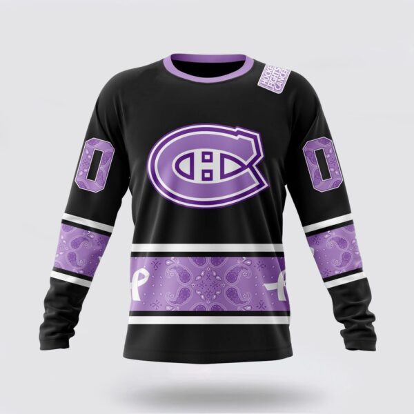Personalized NHL Montreal Canadiens Crewneck Sweatshirt Special Black And Lavender Hockey Fight Cancer Design Sweatshirt