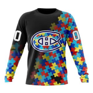Personalized NHL Montreal Canadiens Crewneck Sweatshirt Special Black Autism Awareness Design 1