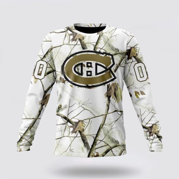 Personalized NHL Montreal Canadiens Crewneck Sweatshirt Special White Winter Hunting Camo Design Sweatshirt