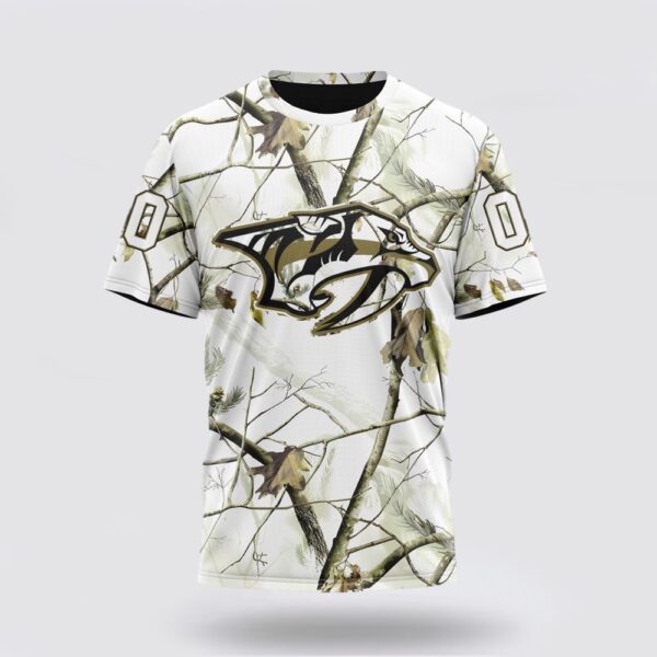 Personalized NHL Nashville Predators 3D T Shirt Special White Winter Hunting Camo Design T Shirt