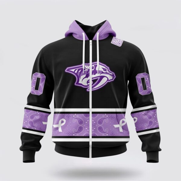 Personalized NHL Nashville Predators All Over Print Hoodie Special Black And Lavender Hockey Fight Cancer Design Hoodie