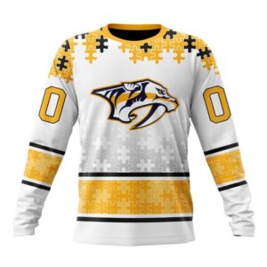 Personalized NHL Nashville Predators Crewneck Sweatshirt Special Autism Awareness Design With Home Jersey Style 1