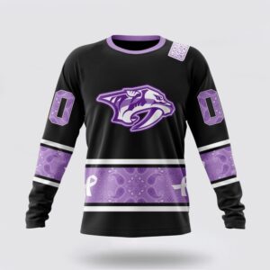 Personalized NHL Nashville Predators Crewneck Sweatshirt Special Black And Lavender Hockey Fight Cancer Design Sweatshirt 1