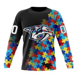 Personalized NHL Nashville Predators Crewneck Sweatshirt Special Black Autism Awareness Design 1