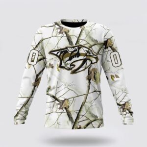 Personalized NHL Nashville Predators Crewneck Sweatshirt Special White Winter Hunting Camo Design Sweatshirt 1