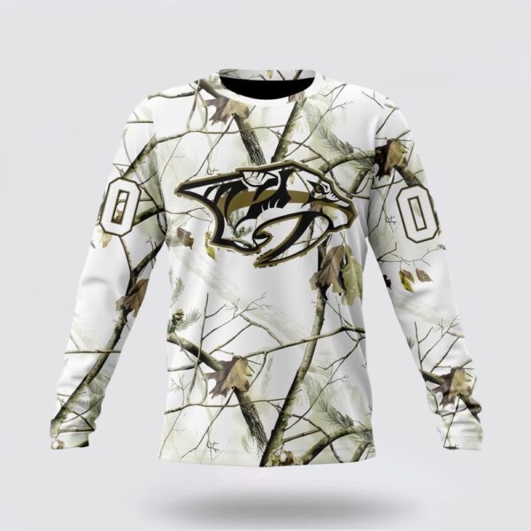 Personalized NHL Nashville Predators Crewneck Sweatshirt Special White Winter Hunting Camo Design Sweatshirt