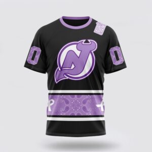 Personalized NHL New Jersey Devils 3D T Shirt Special Black And Lavender Hockey Fight Cancer Design T Shirt 1