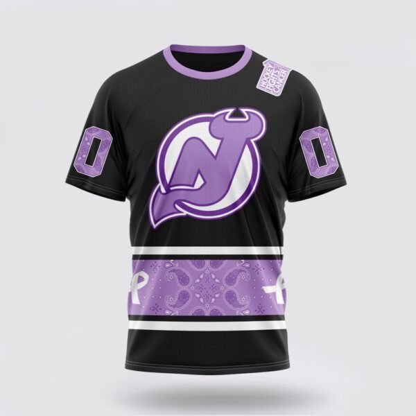 Personalized NHL New Jersey Devils 3D T Shirt Special Black And Lavender Hockey Fight Cancer Design T Shirt