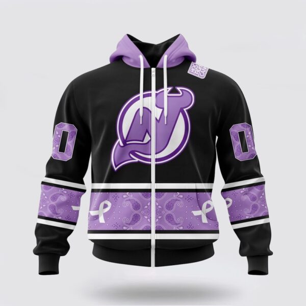 Personalized NHL New Jersey Devils All Over Print Hoodie Special Black And Lavender Hockey Fight Cancer Design Hoodie