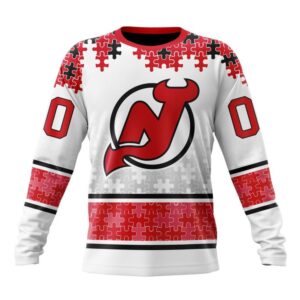 Personalized NHL New Jersey Devils Crewneck Sweatshirt Special Autism Awareness Design With Home Jersey Style 1