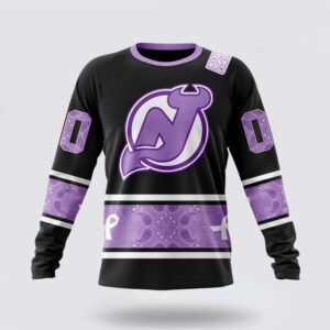 Personalized NHL New Jersey Devils Crewneck Sweatshirt Special Black And Lavender Hockey Fight Cancer Design Sweatshirt 1