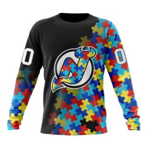 Personalized NHL New Jersey Devils Crewneck Sweatshirt Special Black Autism Awareness Design 1