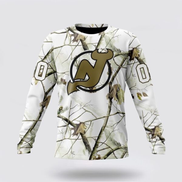 Personalized NHL New Jersey Devils Crewneck Sweatshirt Special White Winter Hunting Camo Design Sweatshirt