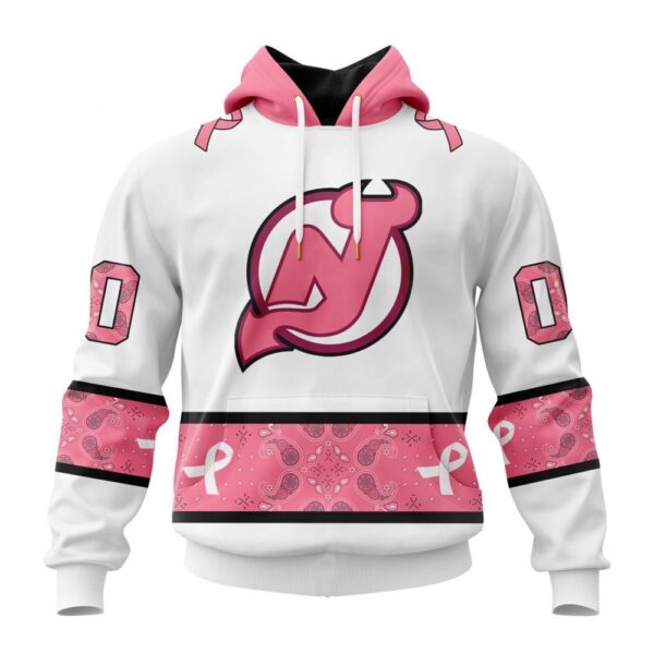 Personalized NHL New Jersey Devils Hoodie In Classic Style With Paisley In October We Wear Pink Breast Cancer Hoodie