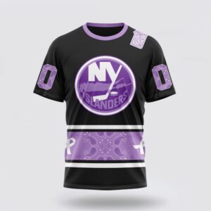 Personalized NHL New York Islanders 3D T Shirt Special Black And Lavender Hockey Fight Cancer Design T Shirt 1