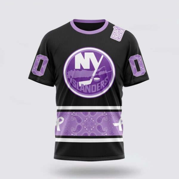 Personalized NHL New York Islanders 3D T Shirt Special Black And Lavender Hockey Fight Cancer Design T Shirt