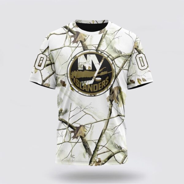 Personalized NHL New York Islanders 3D T Shirt Special White Winter Hunting Camo Design T Shirt