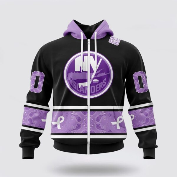 Personalized NHL New York Islanders All Over Print Hoodie Special Black And Lavender Hockey Fight Cancer Design Hoodie