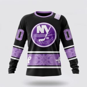 Personalized NHL New York Islanders Crewneck Sweatshirt Special Black And Lavender Hockey Fight Cancer Design Sweatshirt 1