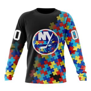 Personalized NHL New York Islanders Crewneck Sweatshirt Special Black Autism Awareness Design 1