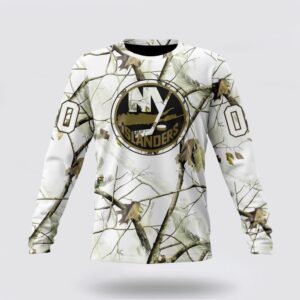 Personalized NHL New York Islanders Crewneck Sweatshirt Special White Winter Hunting Camo Design Sweatshirt 1