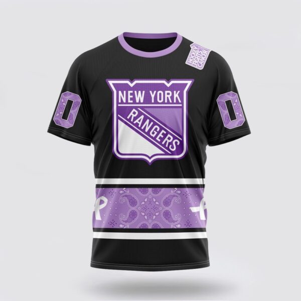 Personalized NHL New York Rangers 3D T Shirt Special Black And Lavender Hockey Fight Cancer Design T Shirt