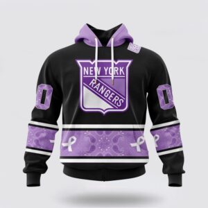 Personalized NHL New York Rangers All Over Print Hoodie Special Black And Lavender Hockey Fight Cancer Design Hoodie 1