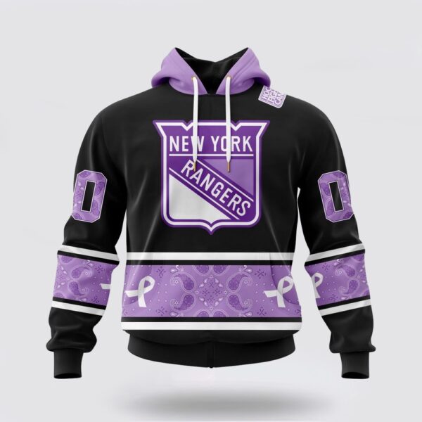 Personalized NHL New York Rangers All Over Print Hoodie Special Black And Lavender Hockey Fight Cancer Design Hoodie