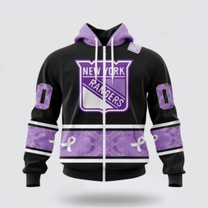 Personalized NHL New York Rangers All Over Print Hoodie Special Black And Lavender Hockey Fight Cancer Design Hoodie 2