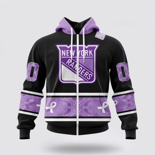 Personalized NHL New York Rangers All Over Print Hoodie Special Black And Lavender Hockey Fight Cancer Design Hoodie