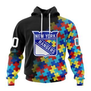 Personalized NHL New York Rangers All Over Print Hoodie Special Black Autism Awareness Design Hoodie 1