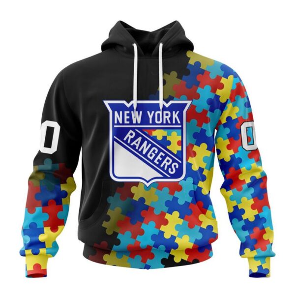 Personalized NHL New York Rangers All Over Print Hoodie Special Black Autism Awareness Design Hoodie