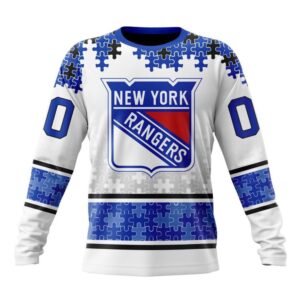 Personalized NHL New York Rangers Crewneck Sweatshirt Special Autism Awareness Design With Home Jersey Style 1