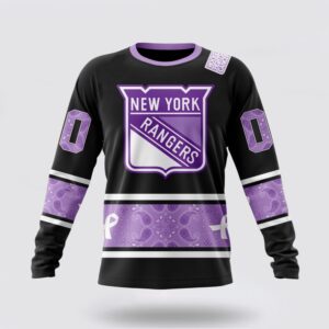Personalized NHL New York Rangers Crewneck Sweatshirt Special Black And Lavender Hockey Fight Cancer Design Sweatshirt 1