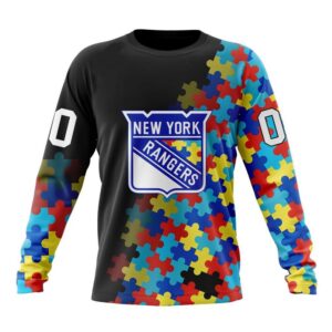 Personalized NHL New York Rangers Crewneck Sweatshirt Special Black Autism Awareness Design 1