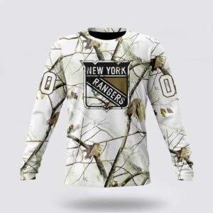 Personalized NHL New York Rangers Crewneck Sweatshirt Special White Winter Hunting Camo Design Sweatshirt 1