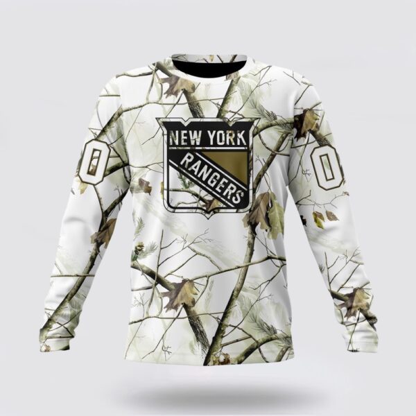 Personalized NHL New York Rangers Crewneck Sweatshirt Special White Winter Hunting Camo Design Sweatshirt