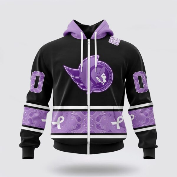Personalized NHL Ottawa Senators All Over Print Hoodie Special Black And Lavender Hockey Fight Cancer Design Hoodie