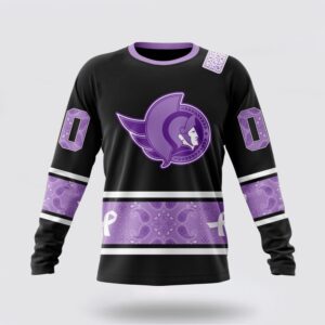 Personalized NHL Ottawa Senators Crewneck Sweatshirt Special Black And Lavender Hockey Fight Cancer Design Sweatshirt 1