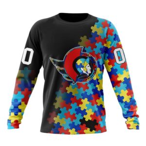 Personalized NHL Ottawa Senators Crewneck Sweatshirt Special Black Autism Awareness Design 1