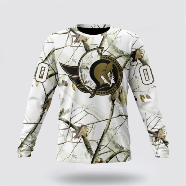 Personalized NHL Ottawa Senators Crewneck Sweatshirt Special White Winter Hunting Camo Design Sweatshirt