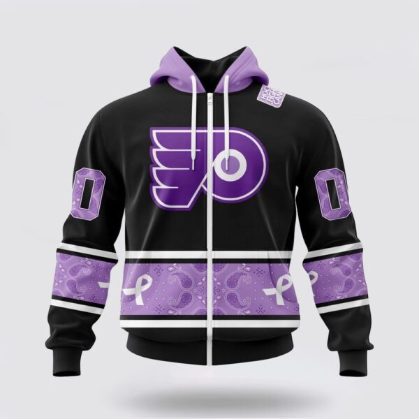 Personalized NHL Philadelphia Flyers All Over Print Hoodie Special Black And Lavender Hockey Fight Cancer Design Hoodie