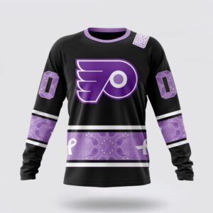 Personalized NHL Philadelphia Flyers Crewneck Sweatshirt Special Black And Lavender Hockey Fight Cancer Design Sweatshirt 1