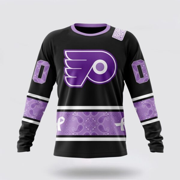 Personalized NHL Philadelphia Flyers Crewneck Sweatshirt Special Black And Lavender Hockey Fight Cancer Design Sweatshirt