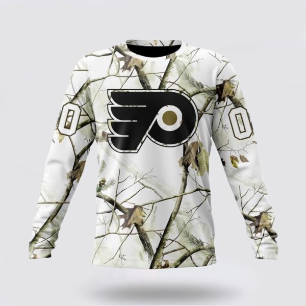 Personalized NHL Philadelphia Flyers Crewneck Sweatshirt Special White Winter Hunting Camo Design Sweatshirt