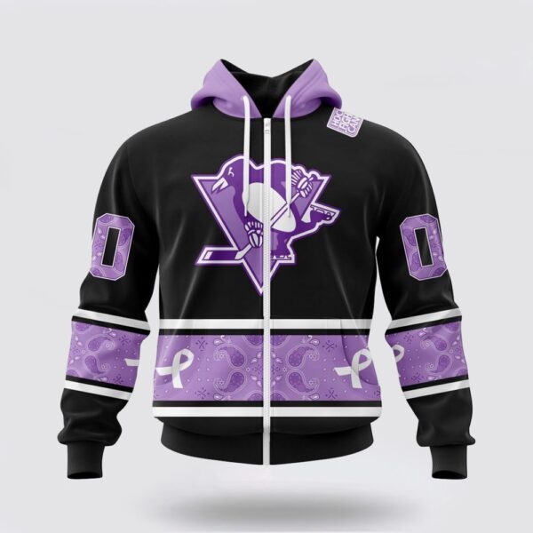 Personalized NHL Pittsburgh Penguins All Over Print Hoodie Special Black And Lavender Hockey Fight Cancer Design Hoodie